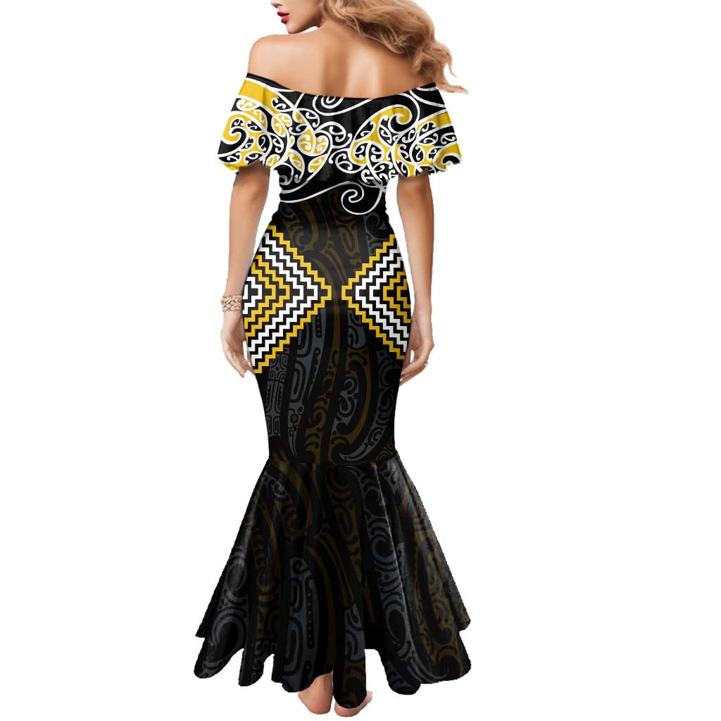 Gold Aotearoa Tukutuku Manawa Tapu Family Matching Mermaid Dress and Hawaiian Shirt Ta Moko Toi Maori
