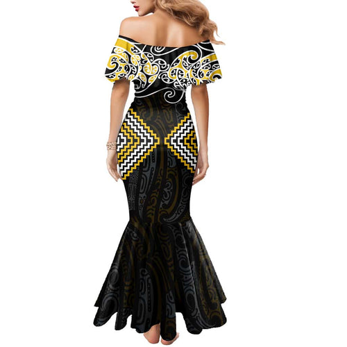 Gold Aotearoa Tukutuku Manawa Tapu Family Matching Mermaid Dress and Hawaiian Shirt Ta Moko Toi Maori