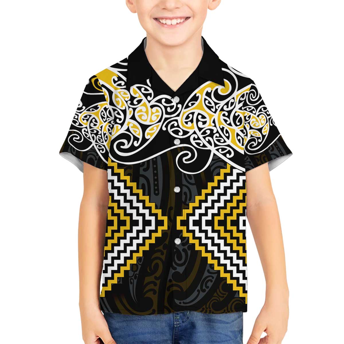 Gold Aotearoa Tukutuku Manawa Tapu Family Matching Off The Shoulder Long Sleeve Dress and Hawaiian Shirt Ta Moko Toi Maori