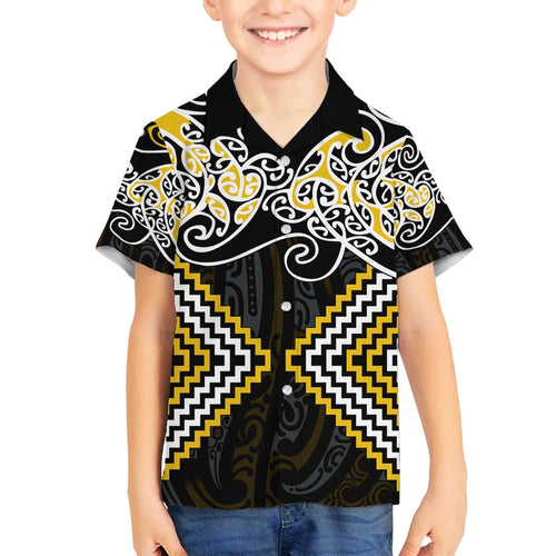 Gold Aotearoa Tukutuku Manawa Tapu Family Matching Off The Shoulder Long Sleeve Dress and Hawaiian Shirt Ta Moko Toi Maori