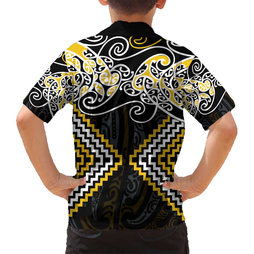 Gold Aotearoa Tukutuku Manawa Tapu Family Matching Off Shoulder Short Dress and Hawaiian Shirt Ta Moko Toi Maori