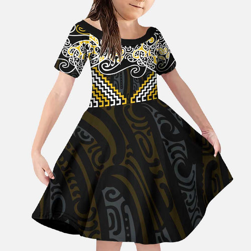 Gold Aotearoa Tukutuku Manawa Tapu Family Matching Short Sleeve Bodycon Dress and Hawaiian Shirt Ta Moko Toi Maori