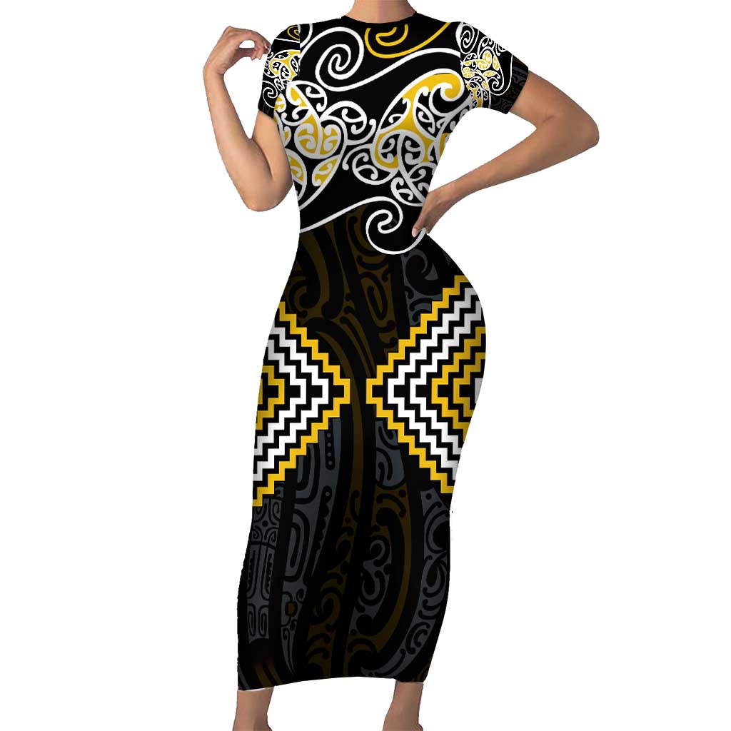 Gold Aotearoa Tukutuku Manawa Tapu Family Matching Short Sleeve Bodycon Dress and Hawaiian Shirt Ta Moko Toi Maori