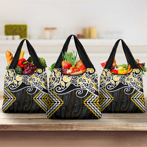 Gold Aotearoa Tukutuku Manawa Tapu Grocery Bag Ta Moko Toi Maori