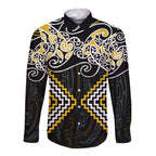 Gold Aotearoa Tukutuku Manawa Tapu Long Sleeve Button Shirt Ta Moko Toi Maori