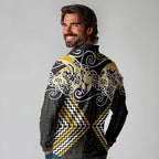 Gold Aotearoa Tukutuku Manawa Tapu Long Sleeve Polo Shirt Ta Moko Toi Maori