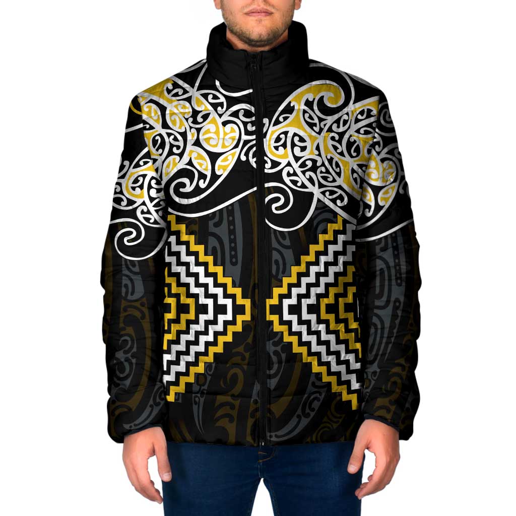 Gold Aotearoa Tukutuku Manawa Tapu Padded Jacket Ta Moko Toi Maori - Aussie Hoodie