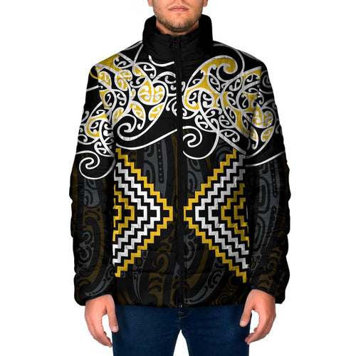 Gold Aotearoa Tukutuku Manawa Tapu Padded Jacket Ta Moko Toi Maori - Aussie Hoodie