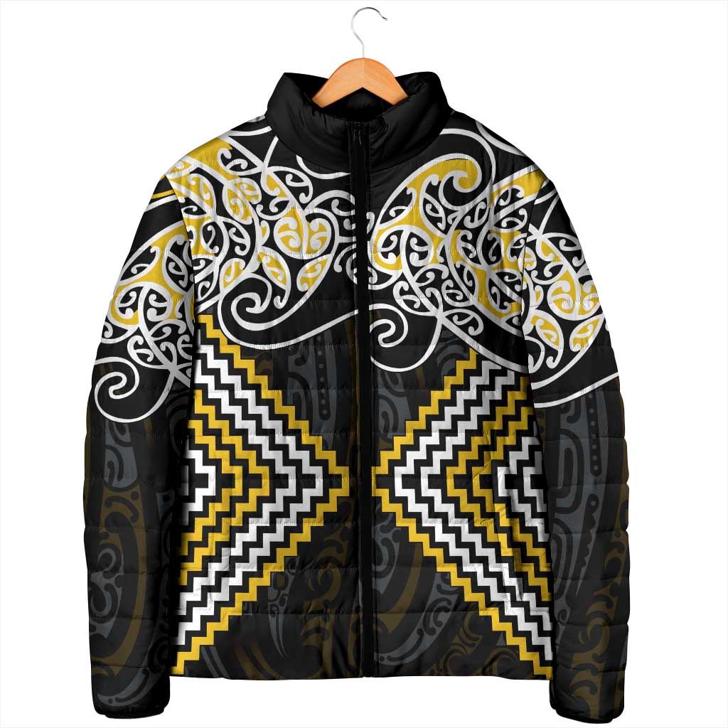 Gold Aotearoa Tukutuku Manawa Tapu Padded Jacket Ta Moko Toi Maori - Aussie Hoodie