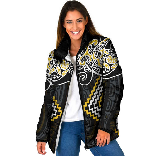 Gold Aotearoa Tukutuku Manawa Tapu Padded Jacket Ta Moko Toi Maori - Aussie Hoodie