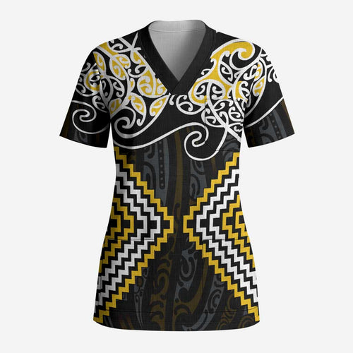 Gold Aotearoa Tukutuku Manawa Tapu Scrub Top Ta Moko Toi Maori - Aussie Hoodie