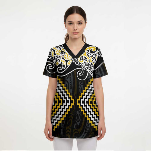 Gold Aotearoa Tukutuku Manawa Tapu Scrub Top Ta Moko Toi Maori - Aussie Hoodie