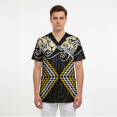 Gold Aotearoa Tukutuku Manawa Tapu Scrub Top Ta Moko Toi Maori - Aussie Hoodie