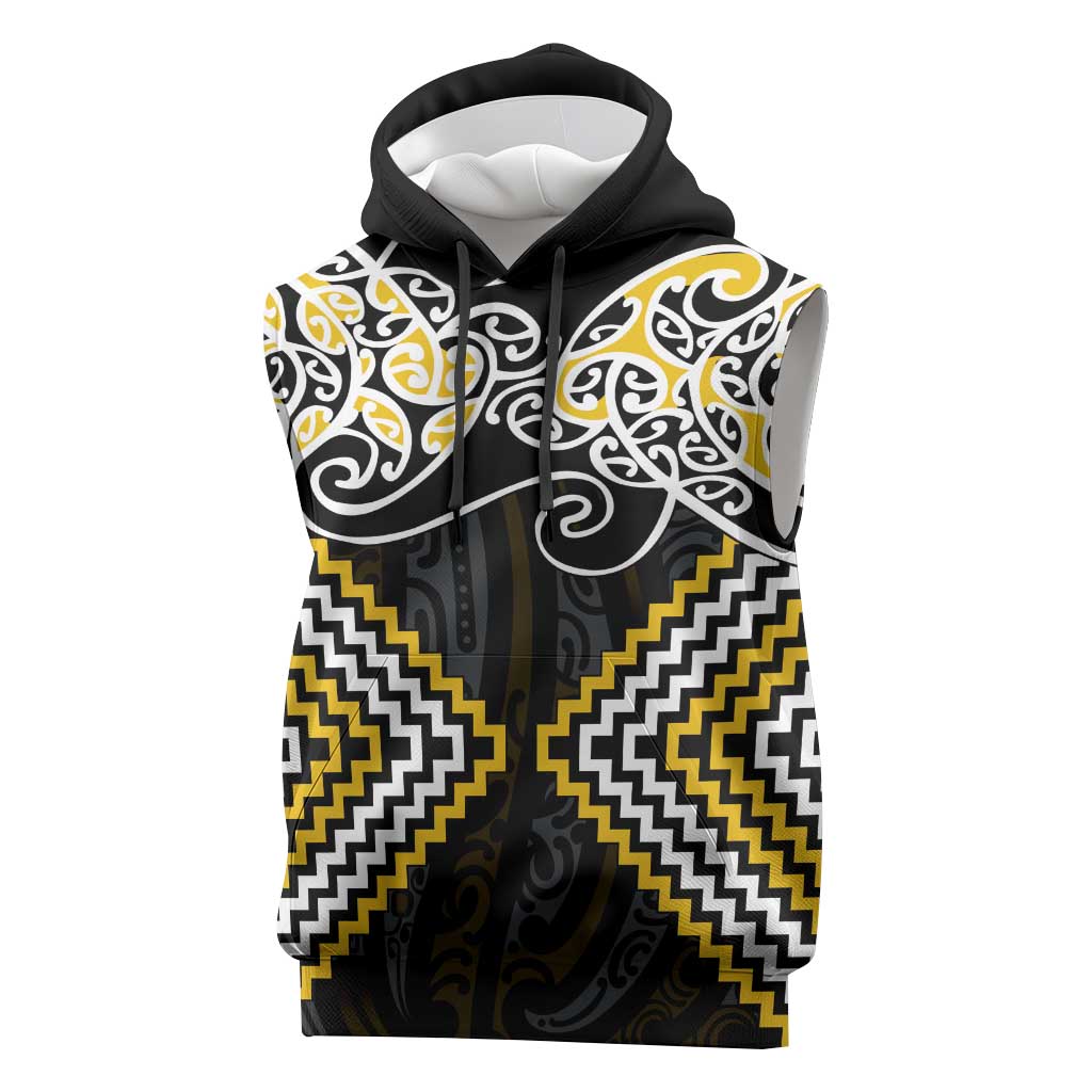 Gold Aotearoa Tukutuku Manawa Tapu Sleeveless Hoodie Ta Moko Toi Maori - Aussie Hoodie