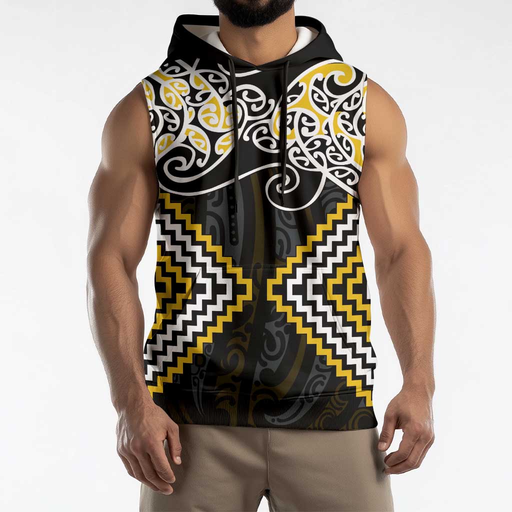 Gold Aotearoa Tukutuku Manawa Tapu Sleeveless Hoodie Ta Moko Toi Maori - Aussie Hoodie