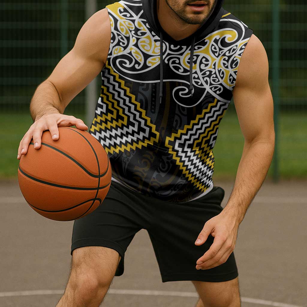 Gold Aotearoa Tukutuku Manawa Tapu Sleeveless Hoodie Ta Moko Toi Maori - Aussie Hoodie