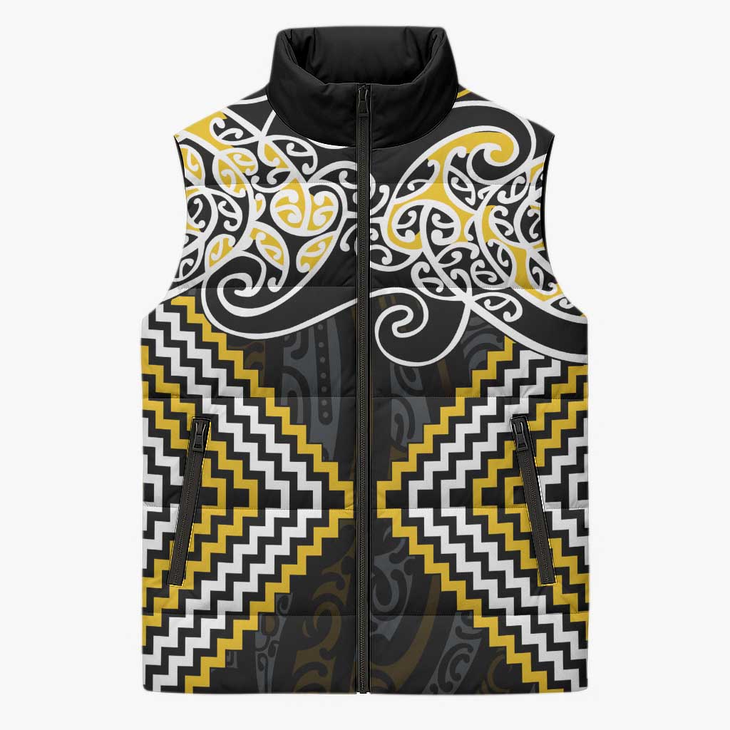 Gold Aotearoa Tukutuku Manawa Tapu Sleeveless Puffer Jacket Ta Moko Toi Maori - Aussie Hoodie