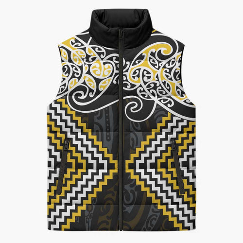 Gold Aotearoa Tukutuku Manawa Tapu Sleeveless Puffer Jacket Ta Moko Toi Maori - Aussie Hoodie