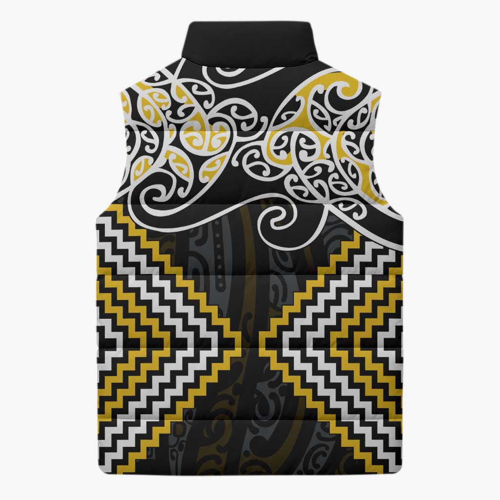 Gold Aotearoa Tukutuku Manawa Tapu Sleeveless Puffer Jacket Ta Moko Toi Maori - Aussie Hoodie