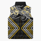 Gold Aotearoa Tukutuku Manawa Tapu Sleeveless Puffer Jacket Ta Moko Toi Maori - Aussie Hoodie