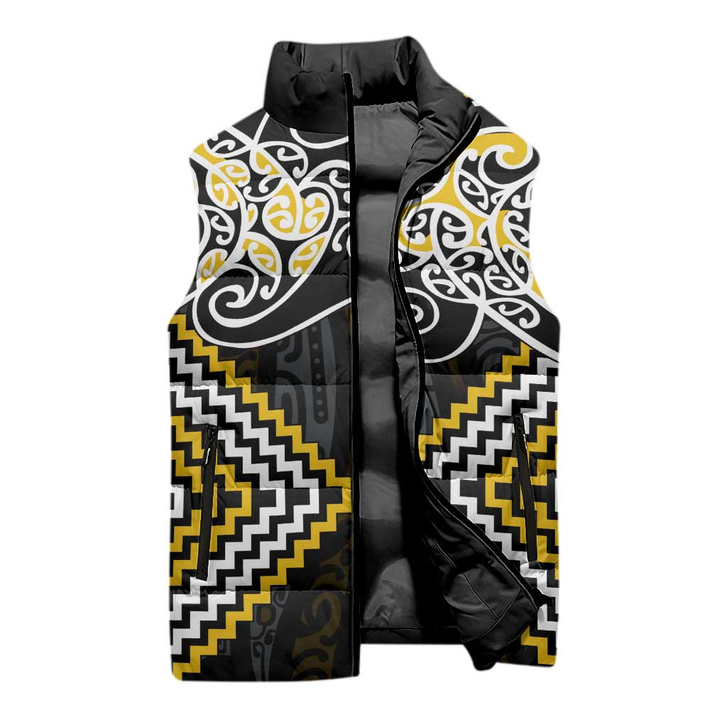 Gold Aotearoa Tukutuku Manawa Tapu Sleeveless Puffer Jacket Ta Moko Toi Maori - Aussie Hoodie