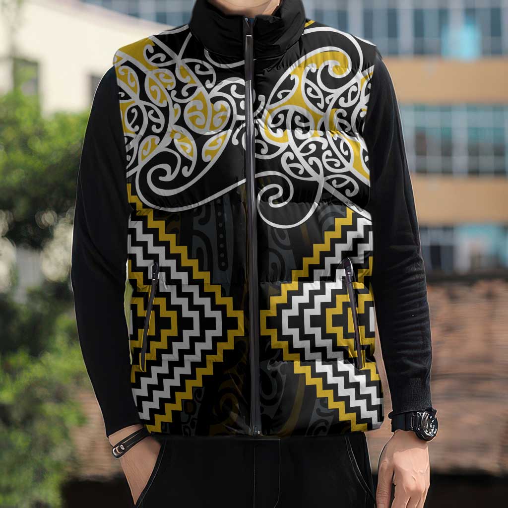 Gold Aotearoa Tukutuku Manawa Tapu Sleeveless Puffer Jacket Ta Moko Toi Maori - Aussie Hoodie