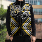 Gold Aotearoa Tukutuku Manawa Tapu Sleeveless Puffer Jacket Ta Moko Toi Maori - Aussie Hoodie