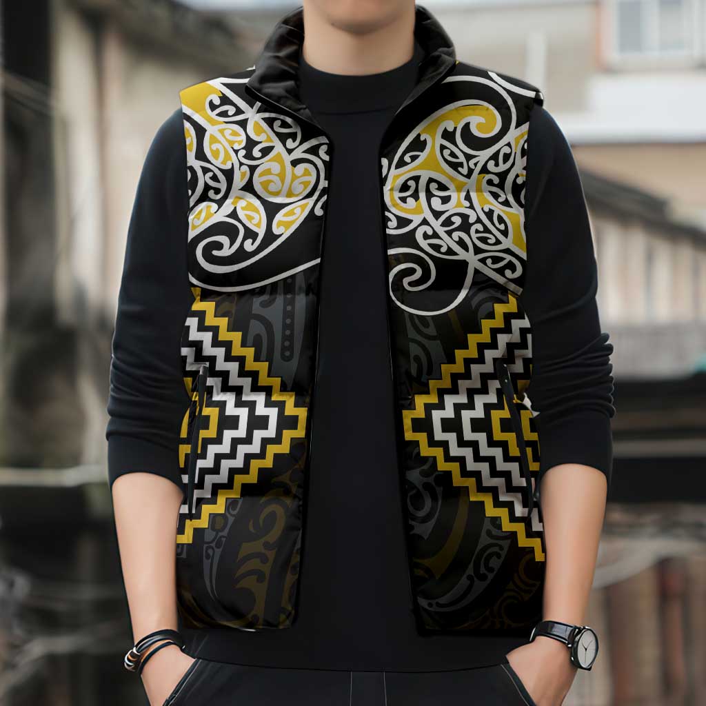 Gold Aotearoa Tukutuku Manawa Tapu Sleeveless Puffer Jacket Ta Moko Toi Maori - Aussie Hoodie