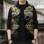Gold Aotearoa Tukutuku Manawa Tapu Sleeveless Puffer Jacket Ta Moko Toi Maori - Aussie Hoodie