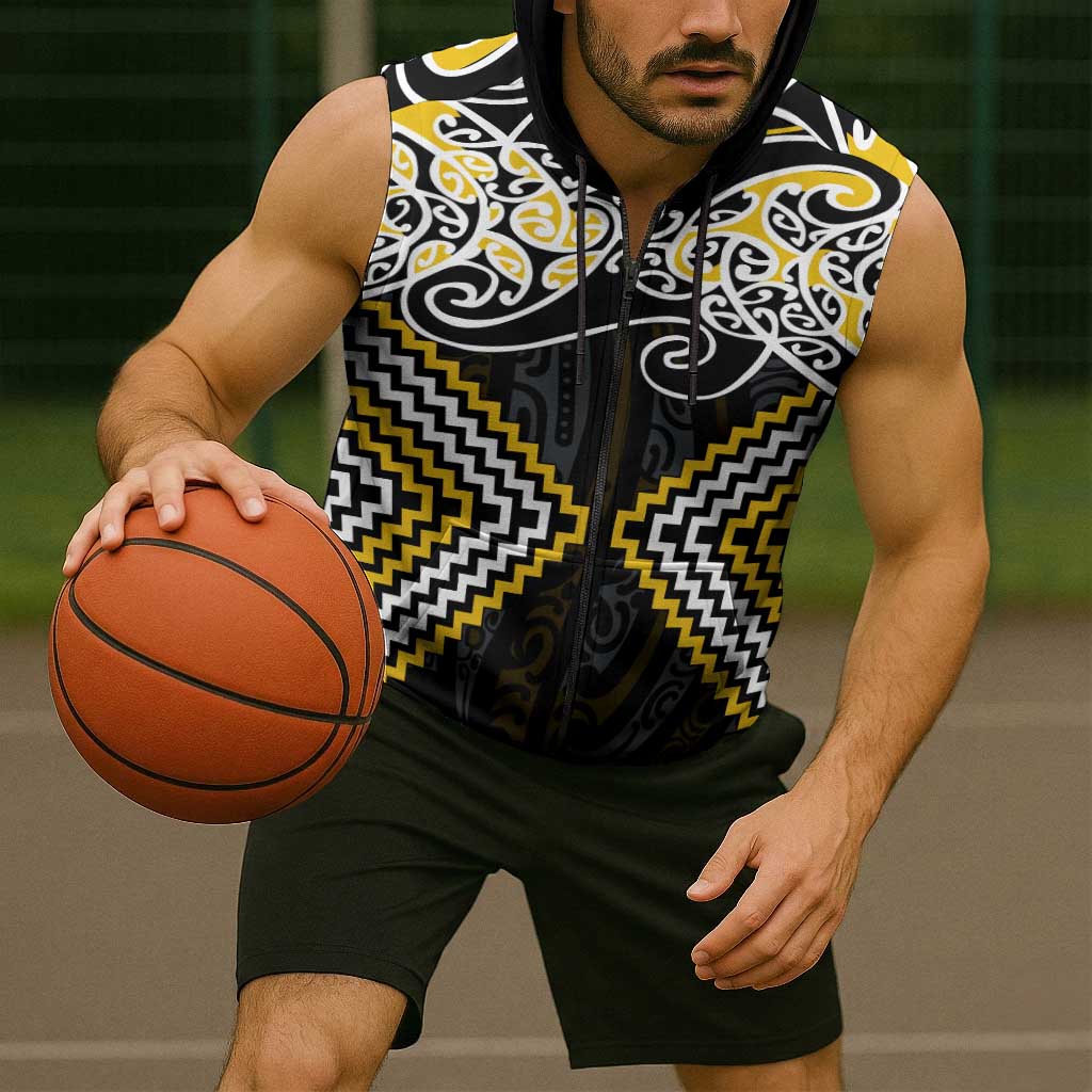 Gold Aotearoa Tukutuku Manawa Tapu Sleeveless Zip Hoodie Ta Moko Toi Maori LT9