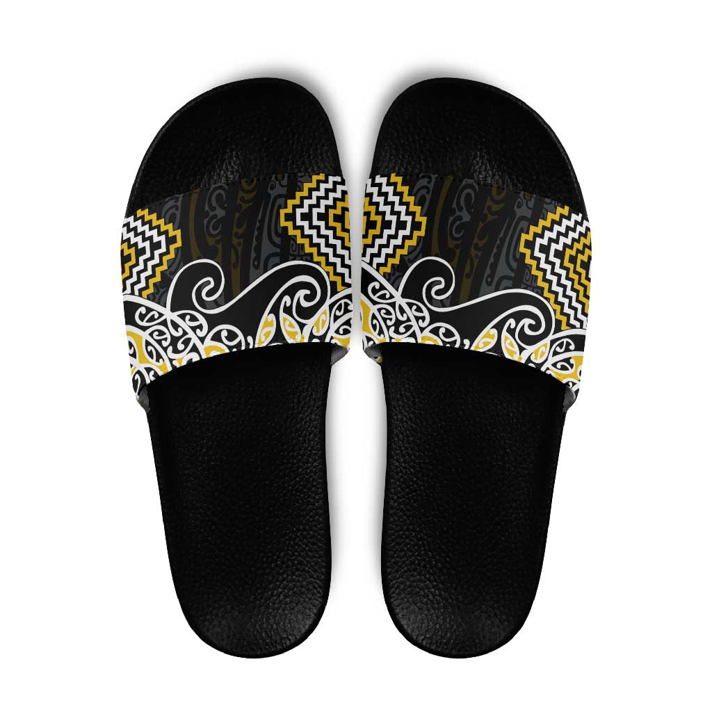 Gold Aotearoa Tukutuku Manawa Tapu Slide Sandals Ta Moko Toi Maori - Aussie Hoodie