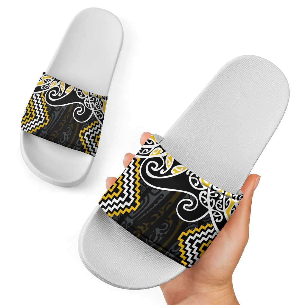 Gold Aotearoa Tukutuku Manawa Tapu Slide Sandals Ta Moko Toi Maori - Aussie Hoodie