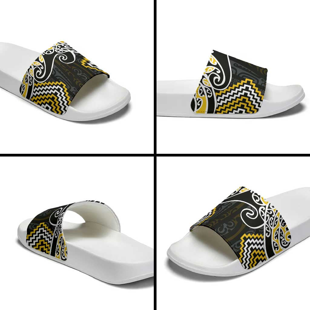 Gold Aotearoa Tukutuku Manawa Tapu Slide Sandals Ta Moko Toi Maori - Aussie Hoodie
