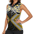 Gold Aotearoa Tukutuku Manawa Tapu Women Sleeveless Polo Shirt Ta Moko Toi Maori
