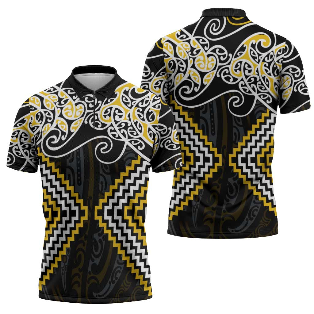 Gold Aotearoa Tukutuku Manawa Tapu Zipper Polo Shirt Ta Moko Toi Maori - Aussie Hoodie