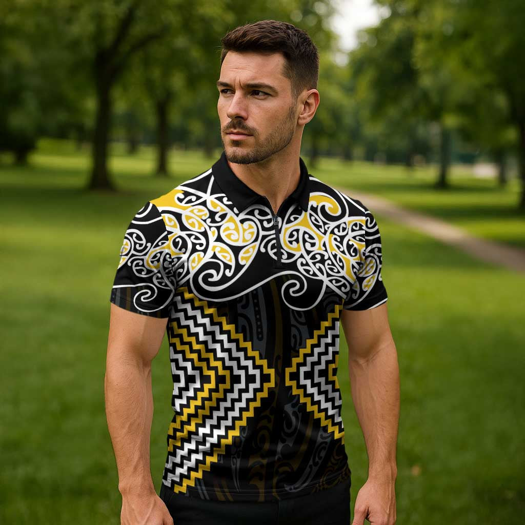 Gold Aotearoa Tukutuku Manawa Tapu Zipper Polo Shirt Ta Moko Toi Maori - Aussie Hoodie