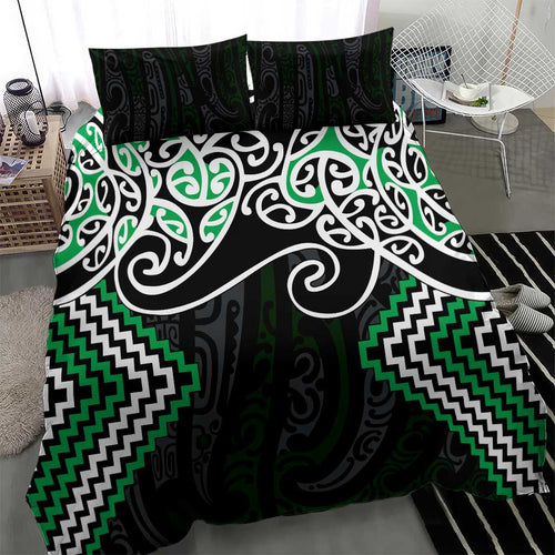 Green Aotearoa Tukutuku Manawa Tapu Bedding Set Ta Moko Toi Maori