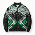 Green Aotearoa Tukutuku Manawa Tapu Bomber Puffer Jacket Ta Moko Toi Maori - Aussie Hoodie