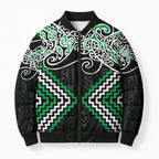 Green Aotearoa Tukutuku Manawa Tapu Bomber Puffer Jacket Ta Moko Toi Maori - Aussie Hoodie