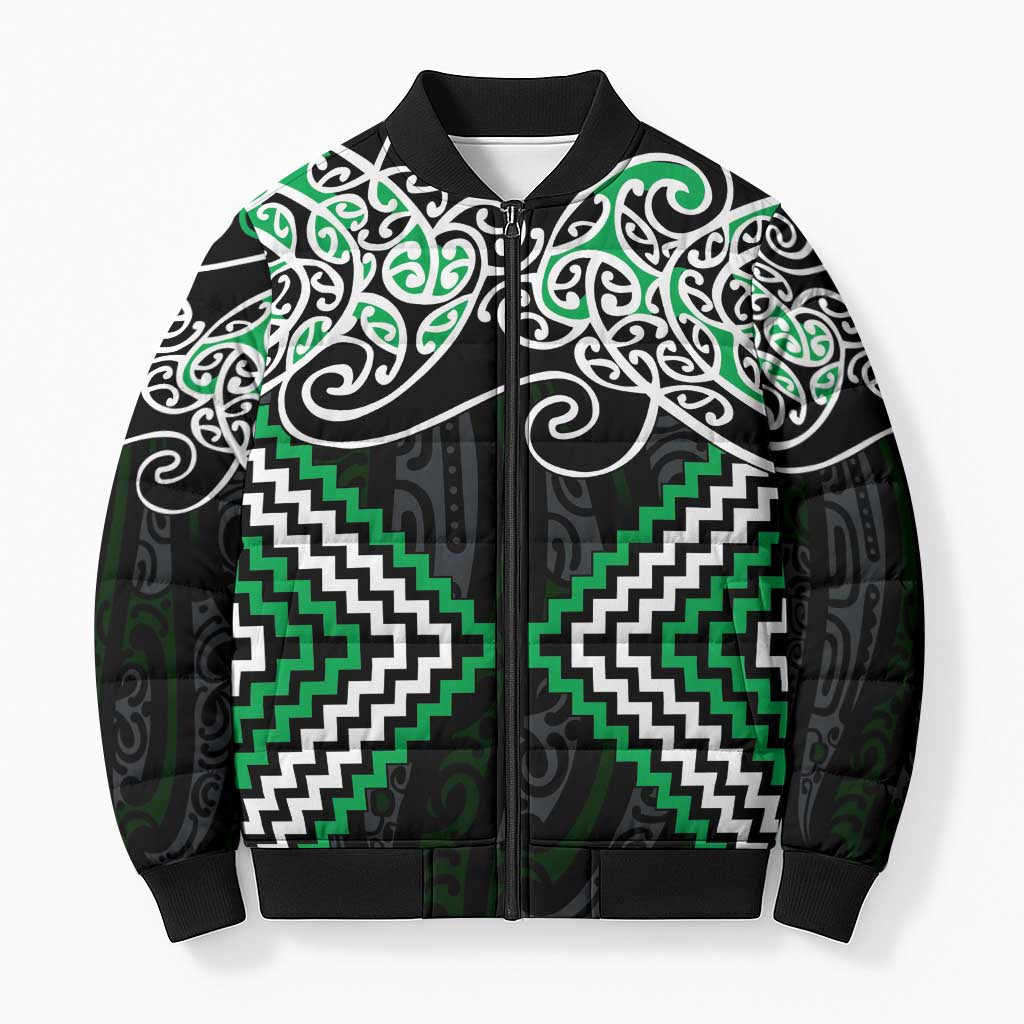 Green Aotearoa Tukutuku Manawa Tapu Bomber Puffer Jacket Ta Moko Toi Maori - Aussie Hoodie