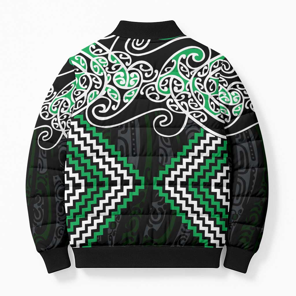 Green Aotearoa Tukutuku Manawa Tapu Bomber Puffer Jacket Ta Moko Toi Maori - Aussie Hoodie