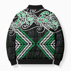Green Aotearoa Tukutuku Manawa Tapu Bomber Puffer Jacket Ta Moko Toi Maori - Aussie Hoodie