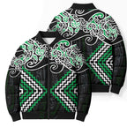 Green Aotearoa Tukutuku Manawa Tapu Bomber Puffer Jacket Ta Moko Toi Maori - Aussie Hoodie