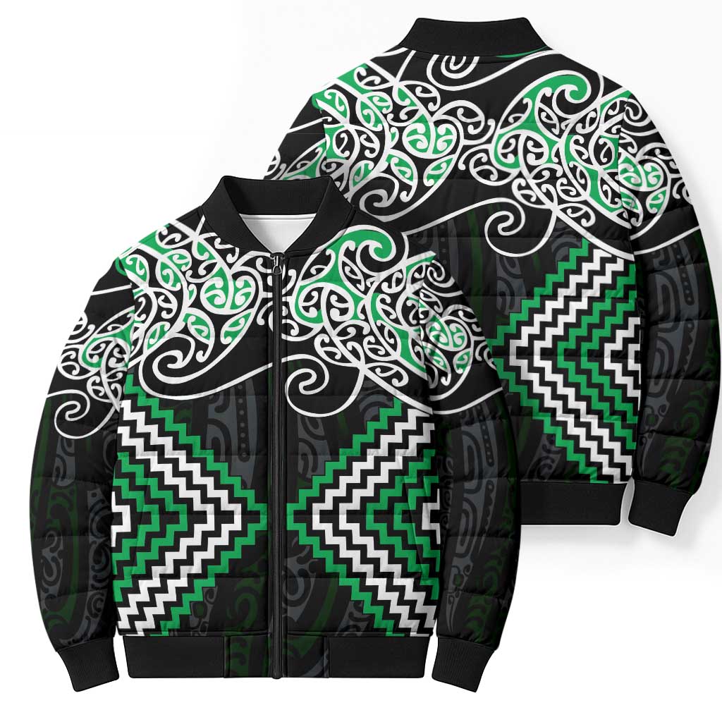 Green Aotearoa Tukutuku Manawa Tapu Bomber Puffer Jacket Ta Moko Toi Maori - Aussie Hoodie