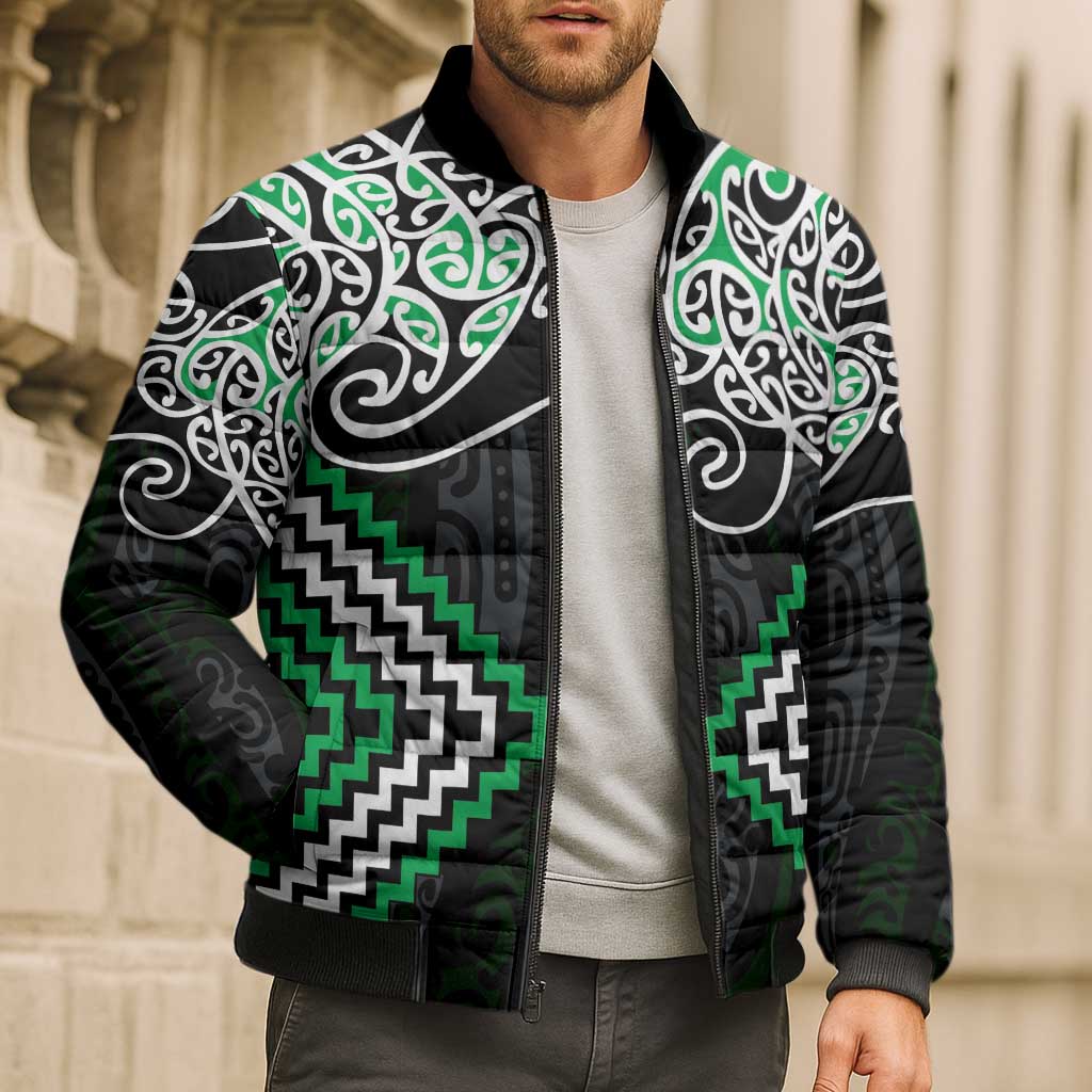 Green Aotearoa Tukutuku Manawa Tapu Bomber Puffer Jacket Ta Moko Toi Maori - Aussie Hoodie
