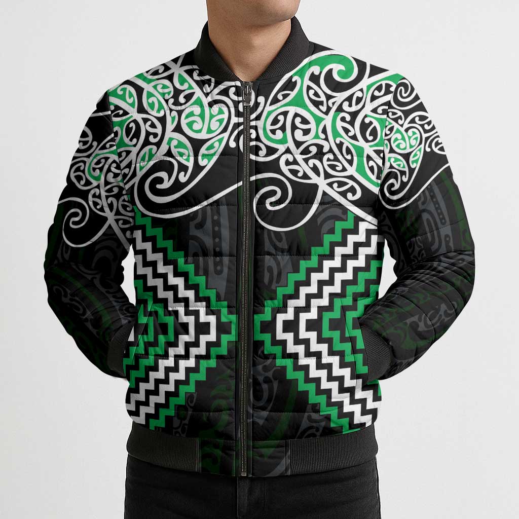 Green Aotearoa Tukutuku Manawa Tapu Bomber Puffer Jacket Ta Moko Toi Maori - Aussie Hoodie