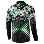 Green Aotearoa Tukutuku Manawa Tapu Button Sweatshirt Ta Moko Toi Maori