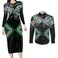 Green Aotearoa Tukutuku Manawa Tapu Couples Matching Long Sleeve Bodycon Dress and Long Sleeve Button Shirt Ta Moko Toi Maori
