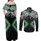 Green Aotearoa Tukutuku Manawa Tapu Couples Matching Off Shoulder Maxi Dress and Long Sleeve Button Shirt Ta Moko Toi Maori