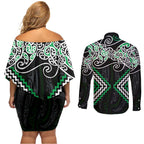 Green Aotearoa Tukutuku Manawa Tapu Couples Matching Off Shoulder Short Dress and Long Sleeve Button Shirt Ta Moko Toi Maori